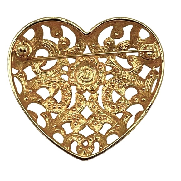Swarovski Brooch Crystal Pave Heart Gold Filigree Pin - Picture 2 of 3